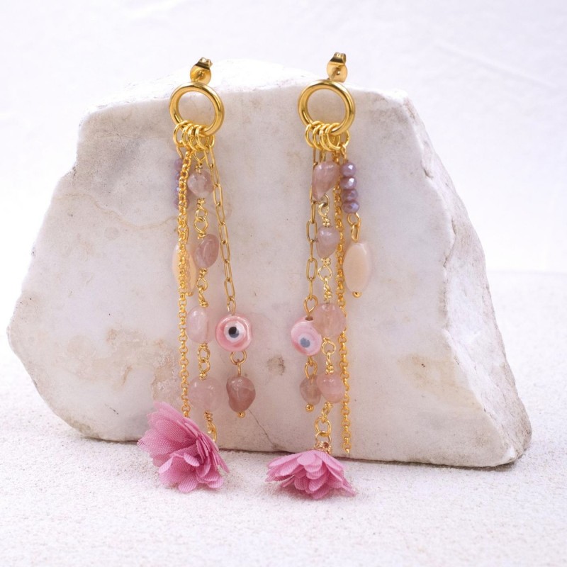 Evil Eyes and Flower Earrings Dangle gold-plated earrings made of chains and ceramic evil eyes