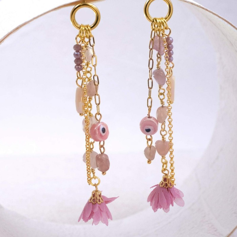 Evil Eyes and Flower Earrings Dangle gold-plated earrings made of chains and ceramic evil eyes
