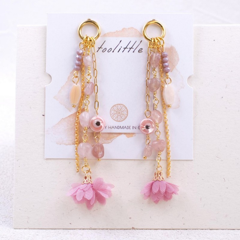 Evil Eyes and Flower Earrings Dangle gold-plated earrings made of chains and ceramic evil eyes