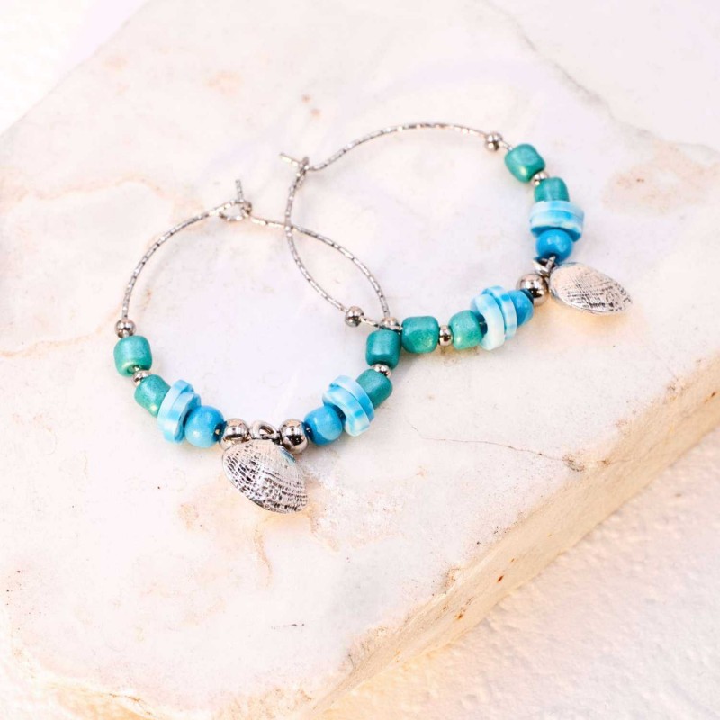 Σκουλαρίκια Κρίκοι με μεταλλικό κοχύλι Επάργυρα σκουλαρίκια κρίκοι με ημιπολύτιμες πέτρες