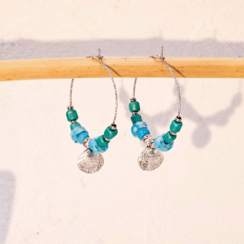 Σκουλαρίκια Κρίκοι με μεταλλικό κοχύλι Επάργυρα σκουλαρίκια κρίκοι με ημιπολύτιμες πέτρες