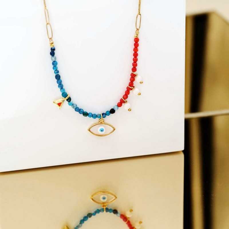 Short necklace with semiprecious beads in gold-plating