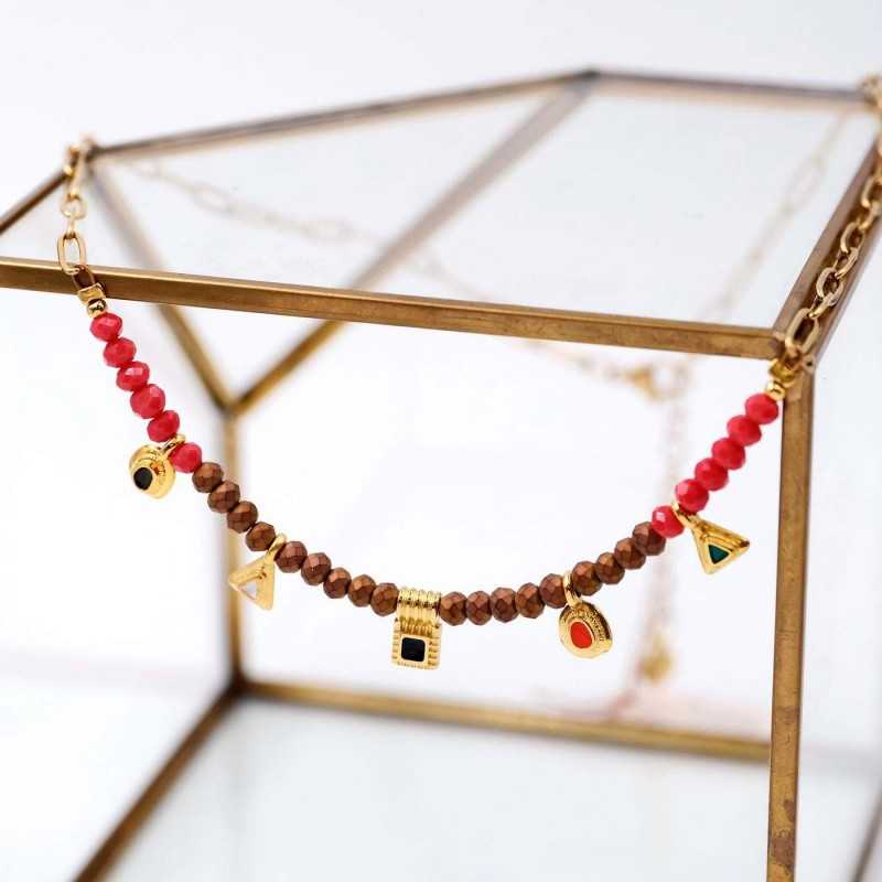 Handmade short necklace with crystals and enamel in 24K gold-plating