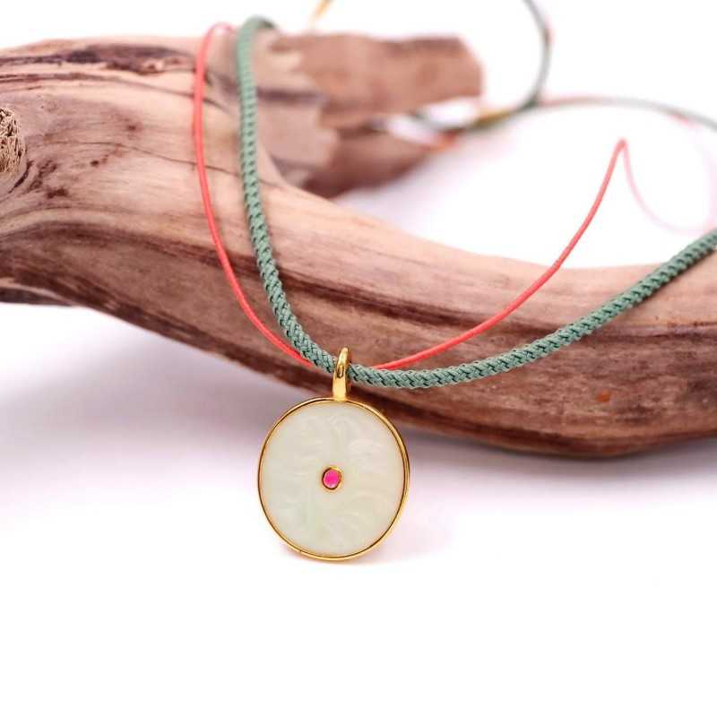 Necklace made of cotton cords, gold-plated parts and high quality enamel Necklace made of cotton cords, gold-plated parts and high quality enamel