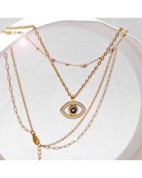 Διπλό Κολιέ Enamel Eye Xειροποίητo διπλό κολιέ με ημιπολύτιμες πέτρες, μάτι από σμάλτο και επίχρυσα στοιχεία