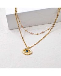 Διπλό Κολιέ Enamel Eye Xειροποίητo διπλό κολιέ με ημιπολύτιμες πέτρες, μάτι από σμάλτο και επίχρυσα στοιχεία