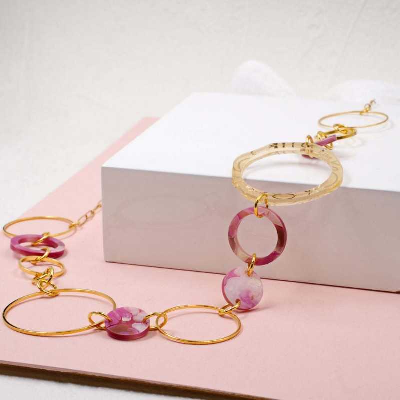 Handmade long necklace made of chain and plexiglass with gold-plated parts