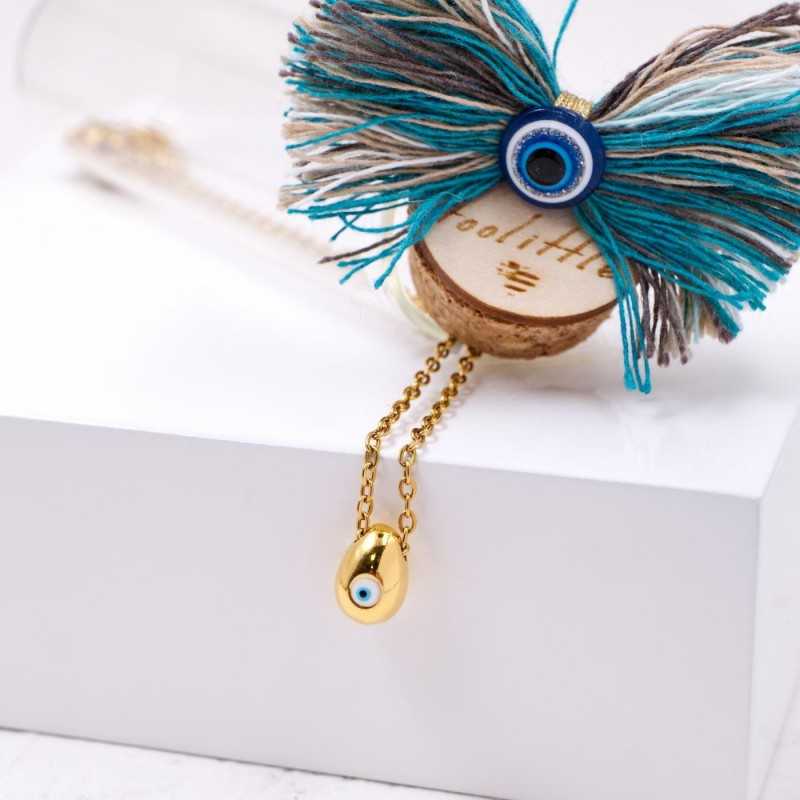 Xειροποίητo κολιέ με επίχρυση επιμετάλλωση και ματάκι από σμάλτο σε γυάλινο μπουκαλάκι 