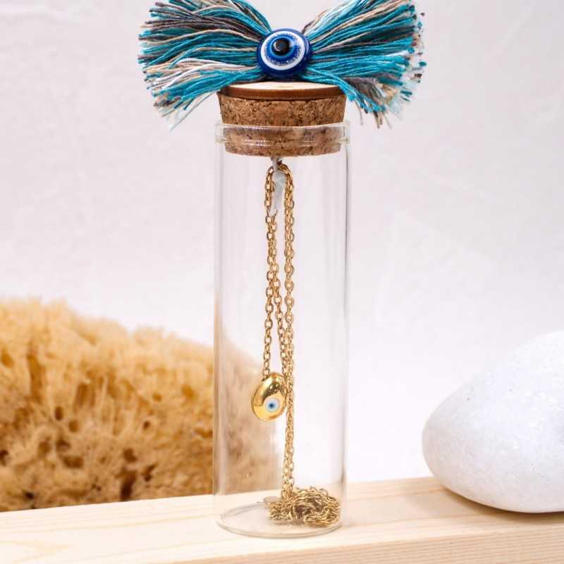 Xειροποίητo κολιέ με επίχρυση επιμετάλλωση και ματάκι από σμάλτο σε γυάλινο μπουκαλάκι 