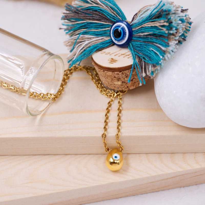 Xειροποίητo κολιέ με επίχρυση επιμετάλλωση και ματάκι από σμάλτο σε γυάλινο μπουκαλάκι 