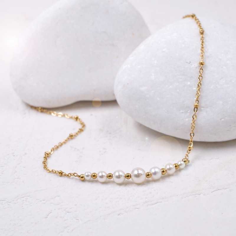Handmade chain necklace made of stainless steel with 24K gold-plating and pearls