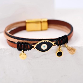 Leather bracelet with enamel evil eye and metal parts in gold-plating