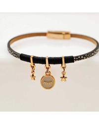 Handmade leather bracelet with rose gold-plated metal parts and enamel Handmade leather bracelet with rose gold-plated metal parts and enamel