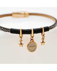 Handmade leather bracelet with rose gold-plated metal parts and enamel Handmade leather bracelet with rose gold-plated metal parts and enamel