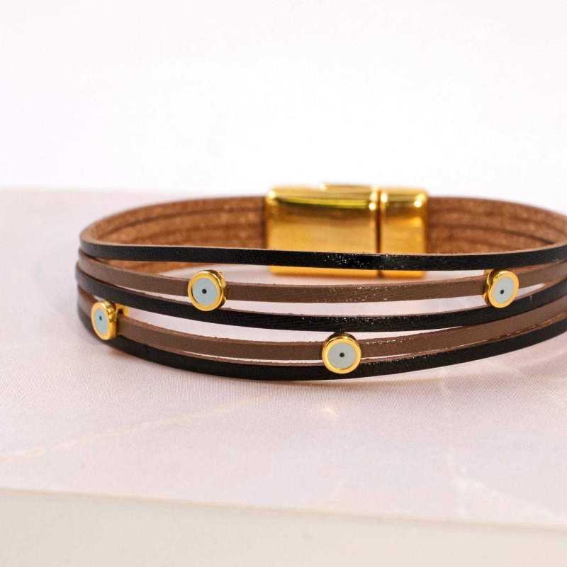 Leather bracelet with enamelled evil eyes Handmade leather bracelet with gold-plated metal parts and enamelled evil eyes