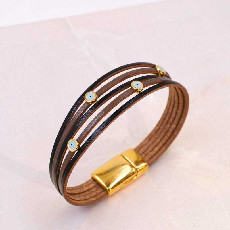 Leather bracelet with enamelled evil eyes Handmade leather bracelet with gold-plated metal parts and enamelled evil eyes