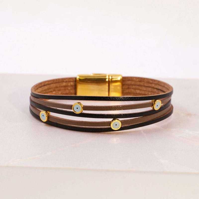 Leather bracelet with enamelled evil eyes Handmade leather bracelet with gold-plated metal parts and enamelled evil eyes