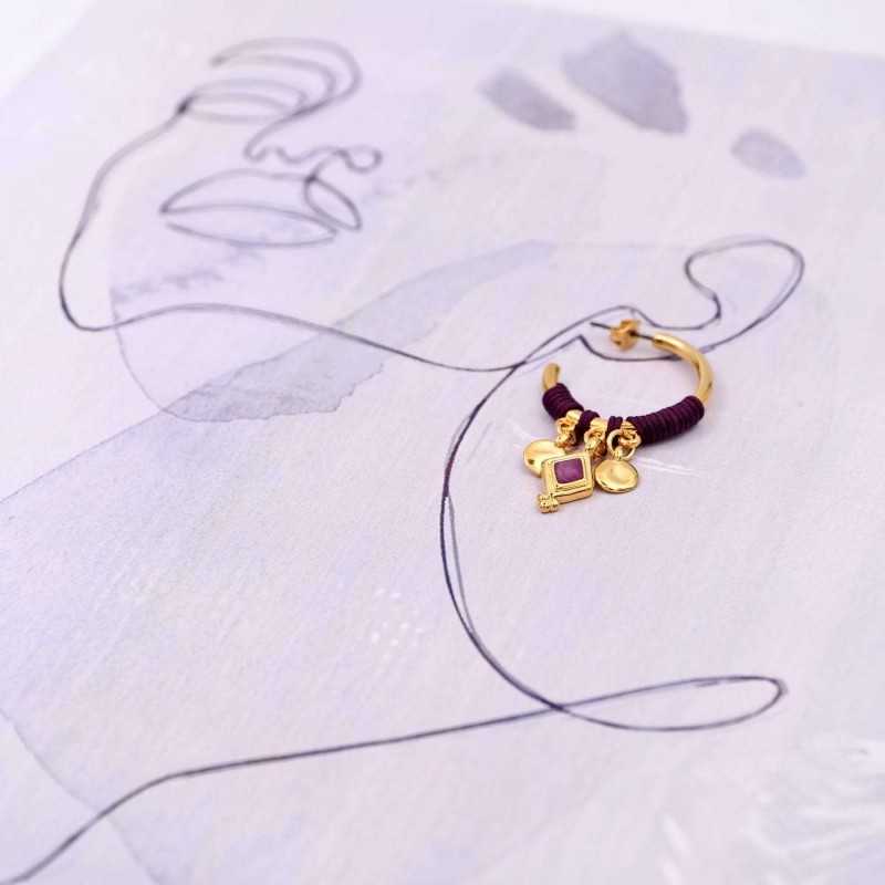 Handmade gold-plated hoop earrings with macrame embellishment and enamel Handmade gold-plated hoop earrings with macrame embellishment and enamel