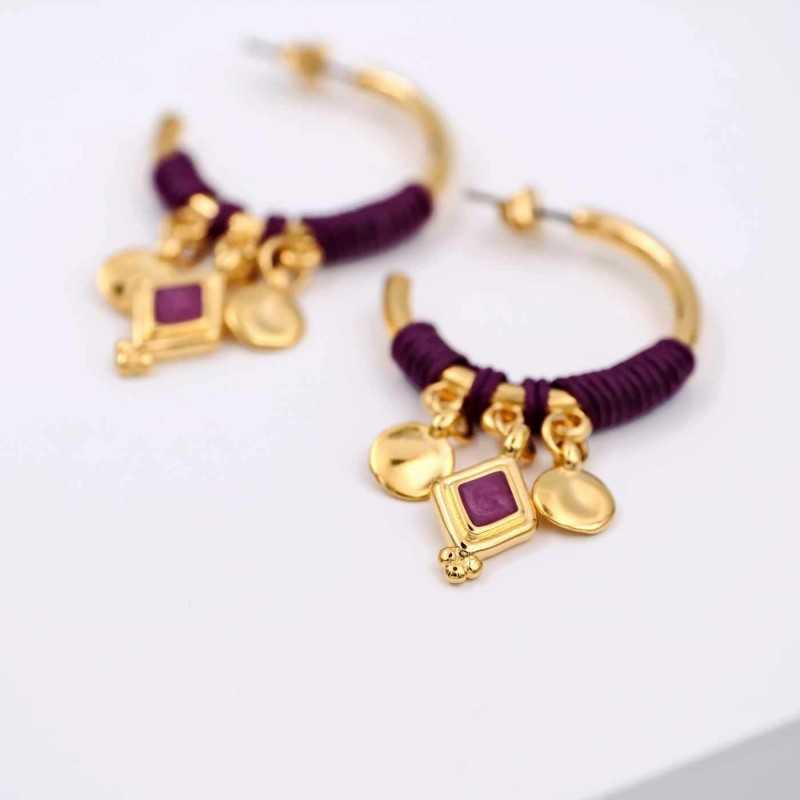 Handmade gold-plated hoop earrings with macrame embellishment and enamel Handmade gold-plated hoop earrings with macrame embellishment and enamel