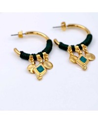 Handmade gold-plated hoop earrings with macrame embellishment and enamel Handmade gold-plated hoop earrings with macrame embellishment and enamel