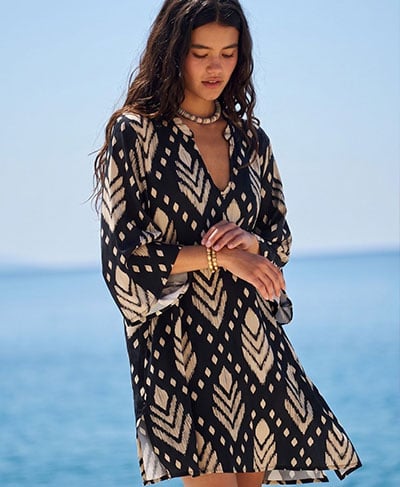 Short boho kaftan black and white