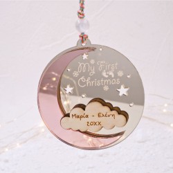 Χριστουγεννιάτικο στολίδι “My First Christmas” – Σελήνη και Συννεφάκι με όνομα και έτος γέννησης