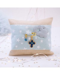 Handmade Newborn Blessing Pillow – Boy: Miyuki Beaded Cross Handmade talisman pillow for Newborn baby-boy with Miyuki Beaded Cross