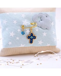 Handmade Newborn Blessing Pillow – Boy: Miyuki Beaded Cross Handmade talisman pillow for Newborn baby-boy with Miyuki Beaded Cross