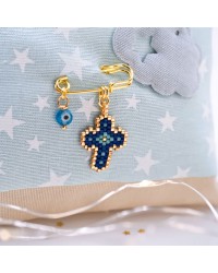 Handmade Newborn Blessing Pillow – Boy: Miyuki Beaded Cross Handmade talisman pillow for Newborn baby-boy with Miyuki Beaded Cross