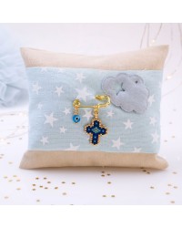 Handmade Newborn Blessing Pillow – Boy: Miyuki Beaded Cross Handmade talisman pillow for Newborn baby-boy with Miyuki Beaded Cross
