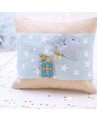 Handmade Newborn Blessing Pillow – Boy: Miyuki Beaded Cross Handmade talisman pillow for Newborn baby-boy with Miyuki Beaded Cross