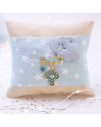Handmade Newborn Blessing Pillow – Boy: Miyuki Beaded Cross Handmade talisman pillow for Newborn baby-boy with Miyuki Beaded Cross