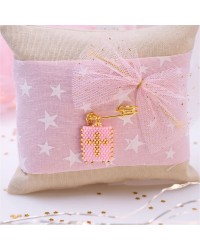 Handmade Newborn Blessing Pillow – Girl: Miyuki Beaded Cross Handmade talisman pillow for Newborn baby-Girl with Miyuki Beaded Cross