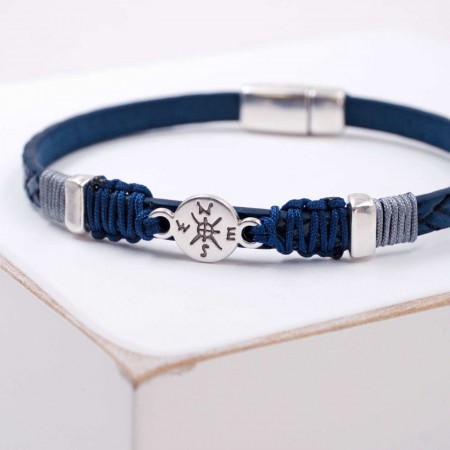 Compass Blue Leather Men's Bracelet
