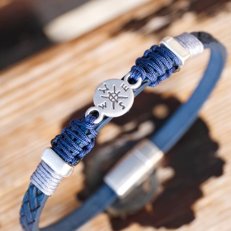 Compass Blue Leather Men's Bracelet