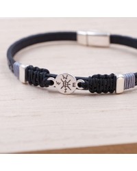 Men's Bracelet with Silver-plated Compass PU Leather men's bracelet with metallic silver-plated compass