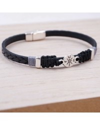 Men's Bracelet with Silver-plated Compass PU Leather men's bracelet with metallic silver-plated compass