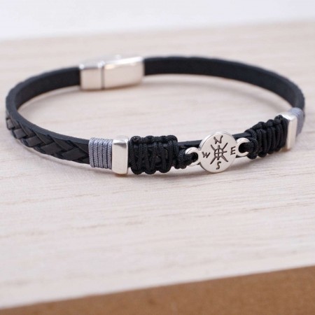 Compass Blue Leather Men's Bracelet