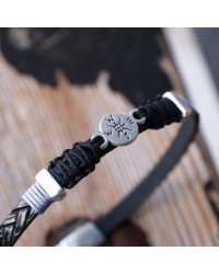 Men's Bracelet with Silver-plated Compass PU Leather men's bracelet with metallic silver-plated compass