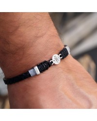 Men's Bracelet with Silver-plated Compass PU Leather men's bracelet with metallic silver-plated compass