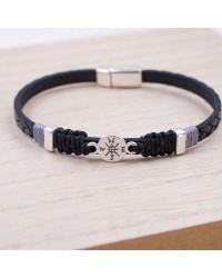 Men's Bracelet with Silver-plated Compass PU Leather men's bracelet with metallic silver-plated compass
