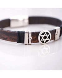 Leather Men's Bracelet with Silver-plated Hexagram Leather men's bracelet with metallic silver-plated Hexagram