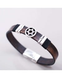 Leather Men's Bracelet with Silver-plated Hexagram Leather men's bracelet with metallic silver-plated Hexagram