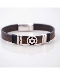 Leather Men's Bracelet with Silver-plated Hexagram Leather men's bracelet with metallic silver-plated Hexagram