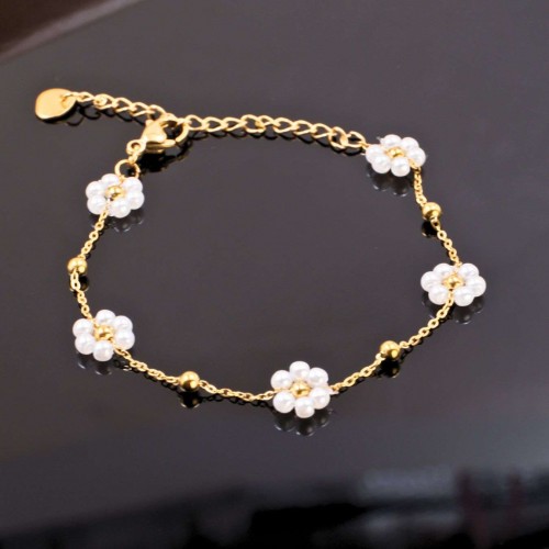 Stainless Steel Jewelry: Βραχιόλι Αλυσίδα με Μαργαρίτες από Πέρλες Βραχιόλι Αλυσίδα από ανοξείδωτο ατσάλι με επιμετάλλωση 24Κ χρυσού και πέρλες