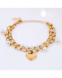 Stainless Steel Jewelry: Βραχιόλι Γούρι Καρδιά & Πέρλες Διπλό επίχρυσο βραχιόλι από ανοξείδωτο ατσάλι με καρδιά και πέρλες