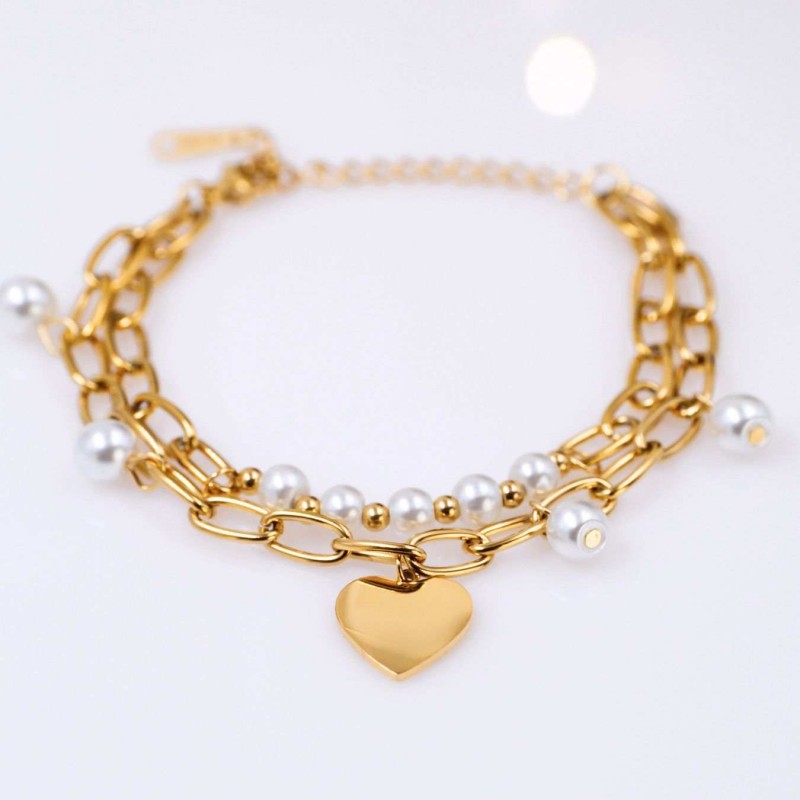 Stainless Steel Jewelry: Βραχιόλι Γούρι Καρδιά & Πέρλες Διπλό επίχρυσο βραχιόλι από ανοξείδωτο ατσάλι με καρδιά και πέρλες
