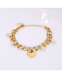 Stainless Steel Jewelry: Βραχιόλι Γούρι Καρδιά & Πέρλες Διπλό επίχρυσο βραχιόλι από ανοξείδωτο ατσάλι με καρδιά και πέρλες