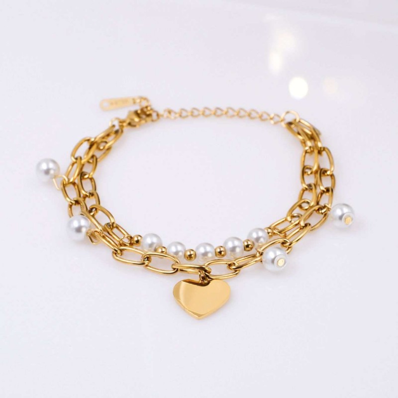 Stainless Steel Jewelry: Βραχιόλι Γούρι Καρδιά & Πέρλες Διπλό επίχρυσο βραχιόλι από ανοξείδωτο ατσάλι με καρδιά και πέρλες