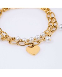Stainless Steel Jewelry: Βραχιόλι Γούρι Καρδιά & Πέρλες Διπλό επίχρυσο βραχιόλι από ανοξείδωτο ατσάλι με καρδιά και πέρλες